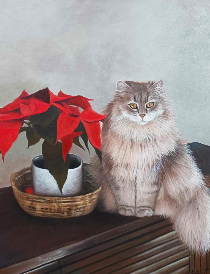 Maleri av en katt og en plante