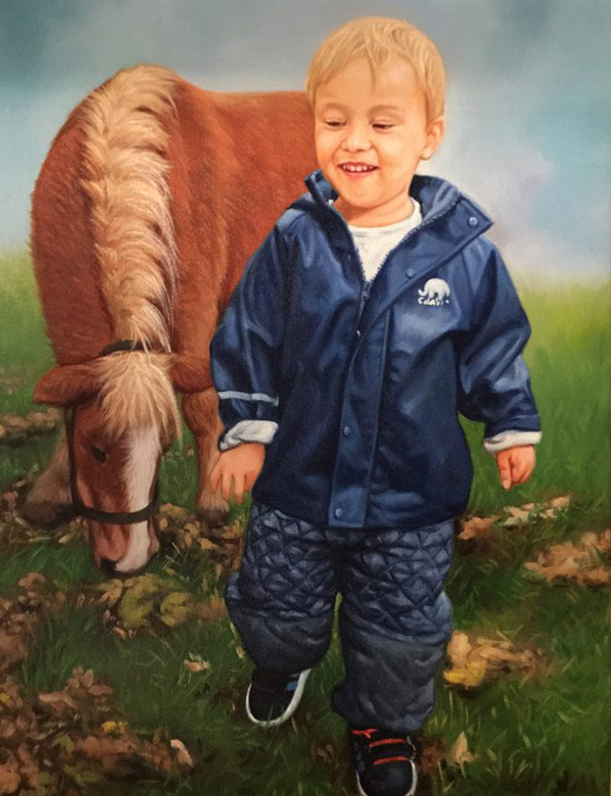 Oljemaleri av et barn med en hest