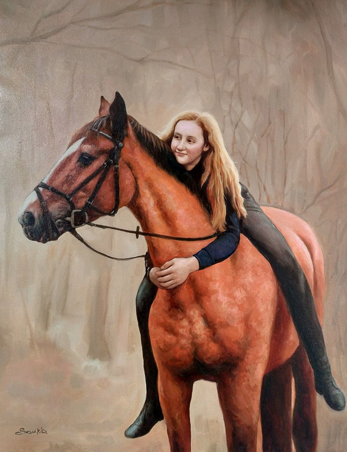 Maleri av en jente og hesten hennes